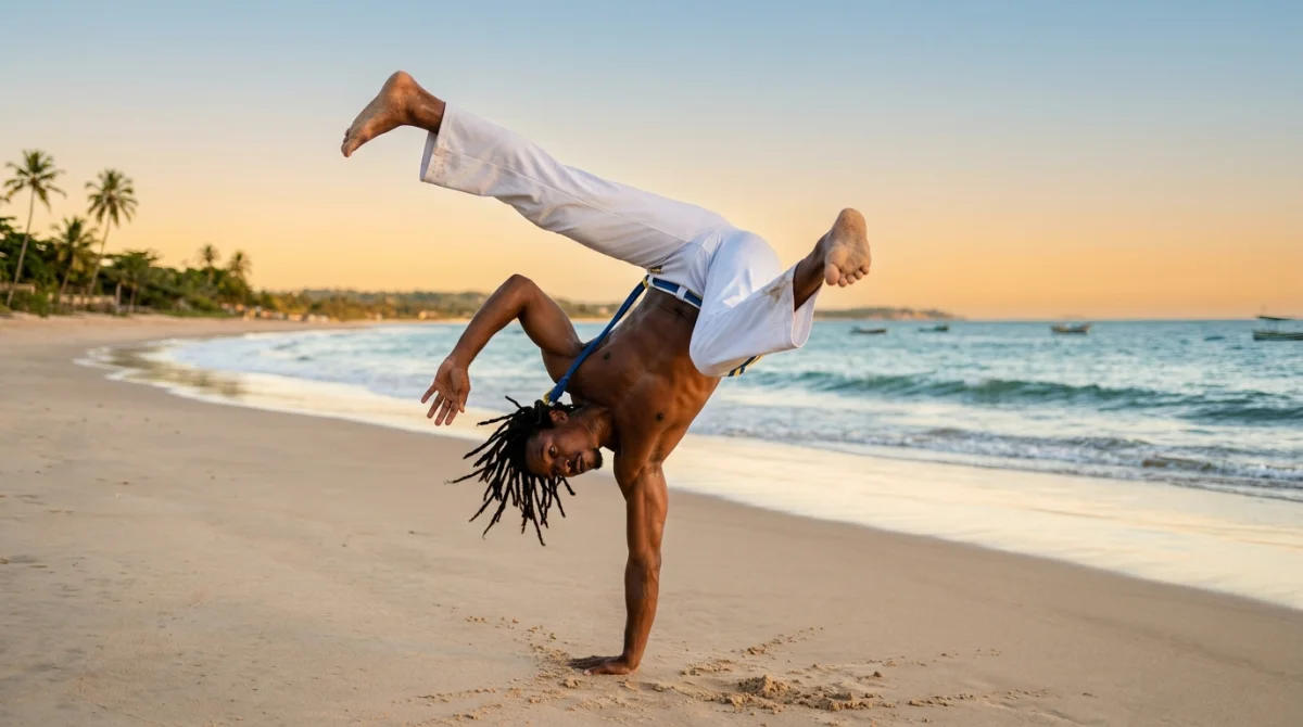 Pratiquant de capoeira en équilibre sur une main sur une plage brésilienne au coucher du soleil.