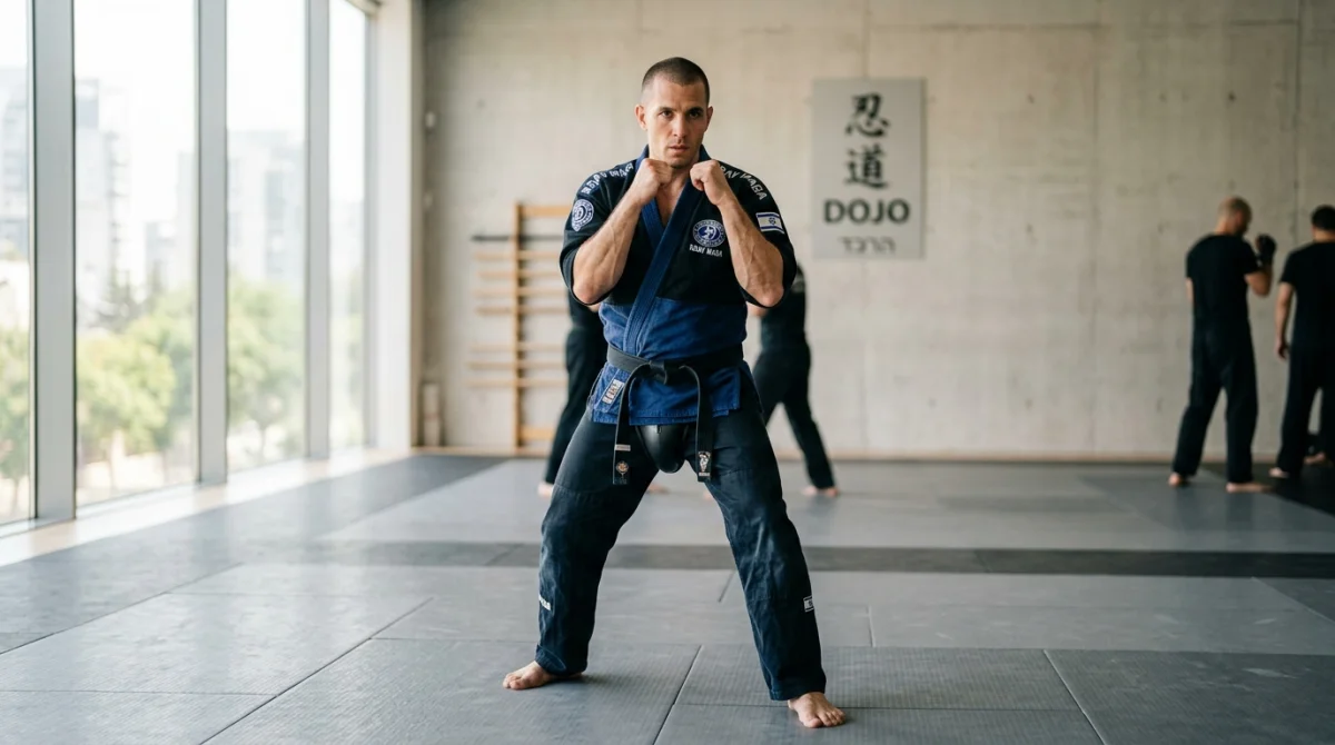 Pratiquant de Krav Maga en tenue d'entraînement adoptant une position de garde maîtrisée dans un dojo moderne.