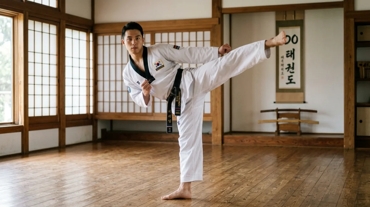 Pratiquant de Taekwondo en tenue traditionnelle réalisant un coup de pied latéral dynamique dans un dojo coréen lumineux.