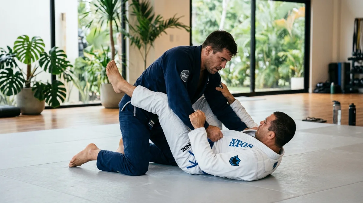 Deux athlètes pratiquant un art martial brésilien en kimono sur un tatami dans une salle lumineuse.