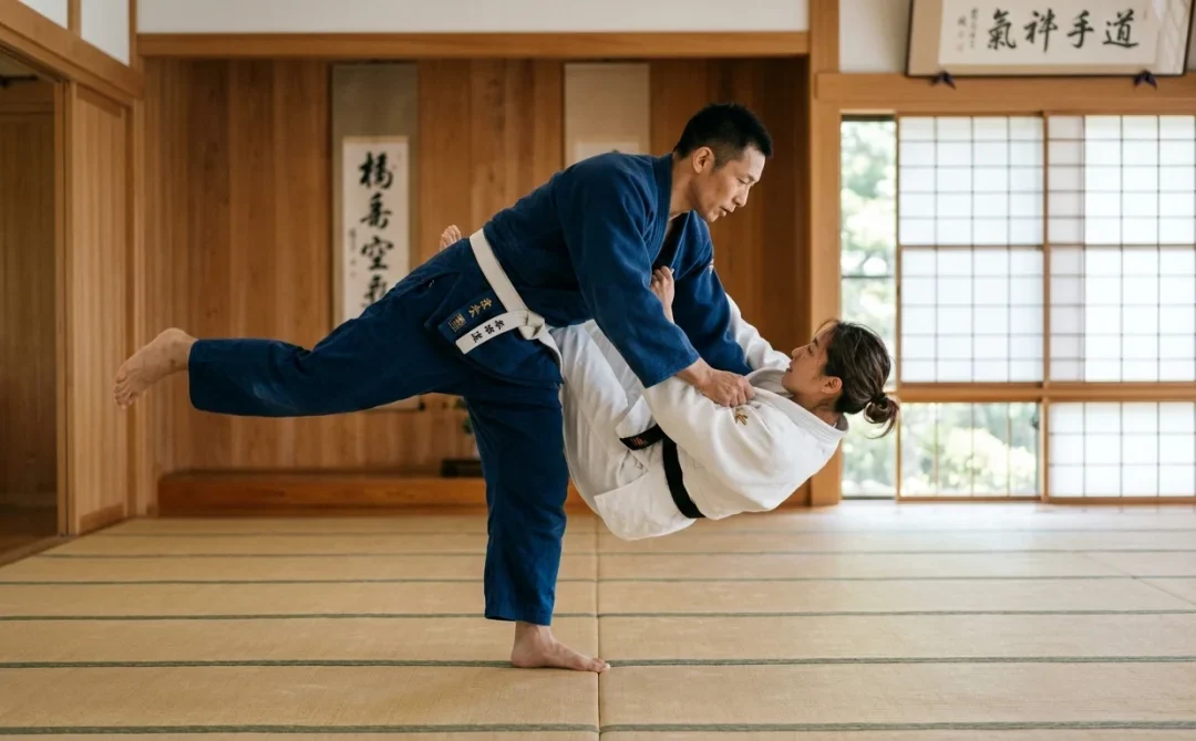 Deux pratiquants en kimono réalisant une technique de projection fluide dans un dojo traditionnel en bois.