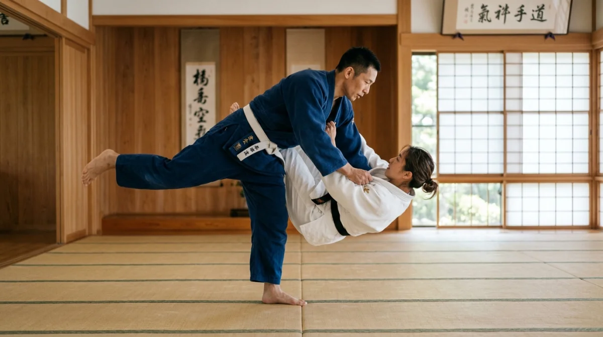 Deux pratiquants en kimono réalisant une technique de projection fluide dans un dojo traditionnel en bois.