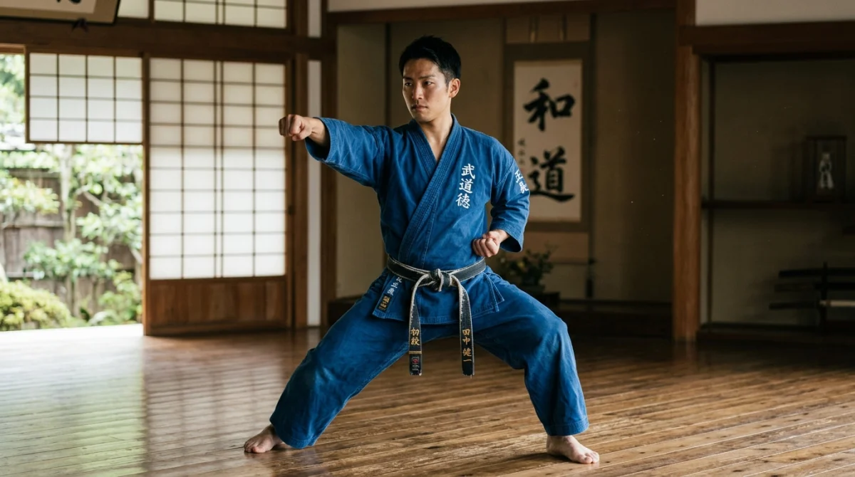 Pratiquant d'arts martiaux en kimono bleu effectuant un mouvement dynamique dans un dojo zen, illustrant la liste des arts martiaux.