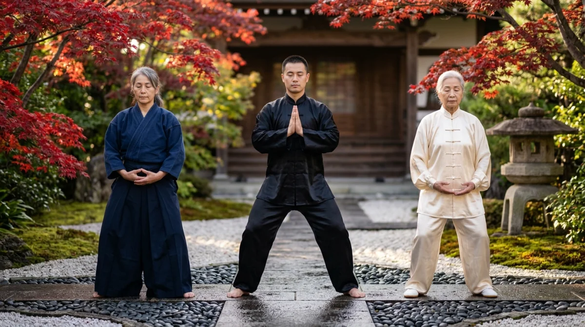 Trois pratiquants d'arts martiaux en tenue traditionnelle méditant paisiblement dans un jardin zen aux érables rouges.