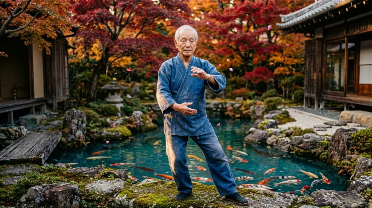Maître d'arts martiaux pratiquant un mouvement fluide dans un jardin zen, idéal pour illustrer des films d'arts martiaux.