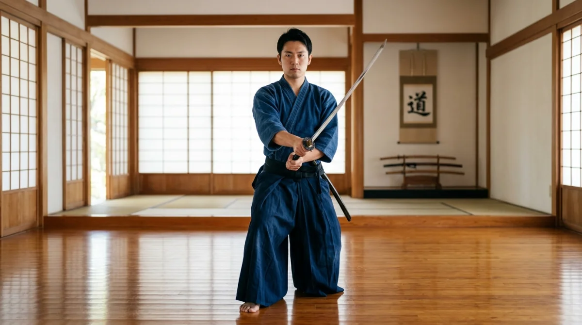 Pratiquant d'art martial en kimono tenant un sabre dans un dojo zen lumineux et minimaliste.