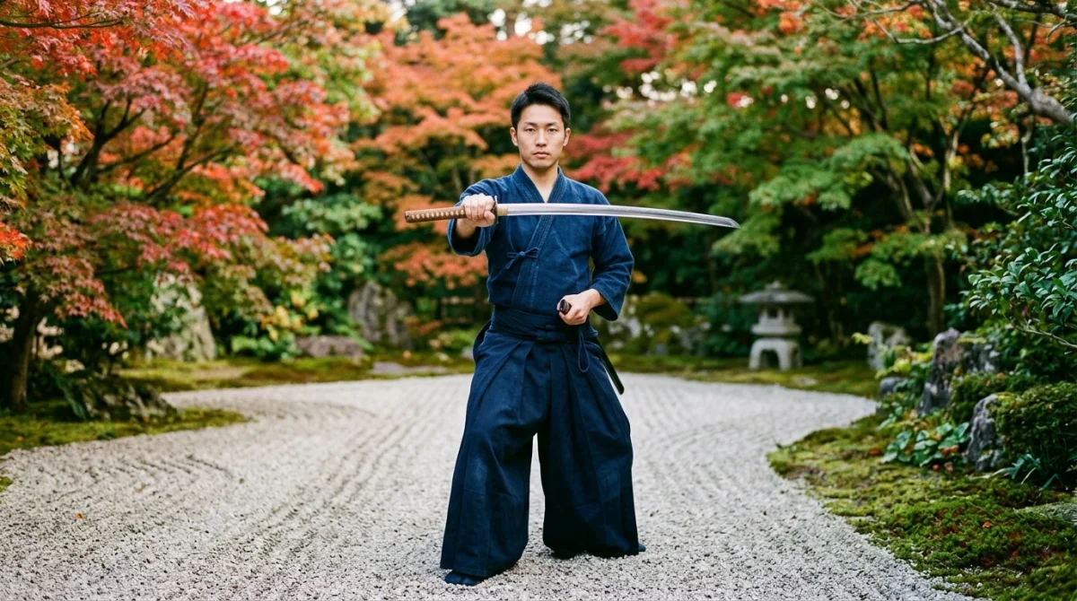 Pratiquant d'art martial au sabre en position de garde dans un jardin zen aux érables rouges.