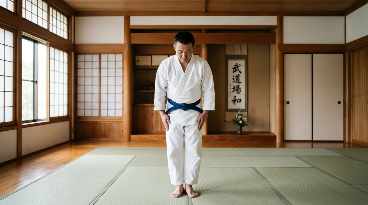 Pratiquant d'arts martiaux en kimono blanc saluant respectueusement dans un dojo traditionnel en bois pour ce livre arts martiaux.