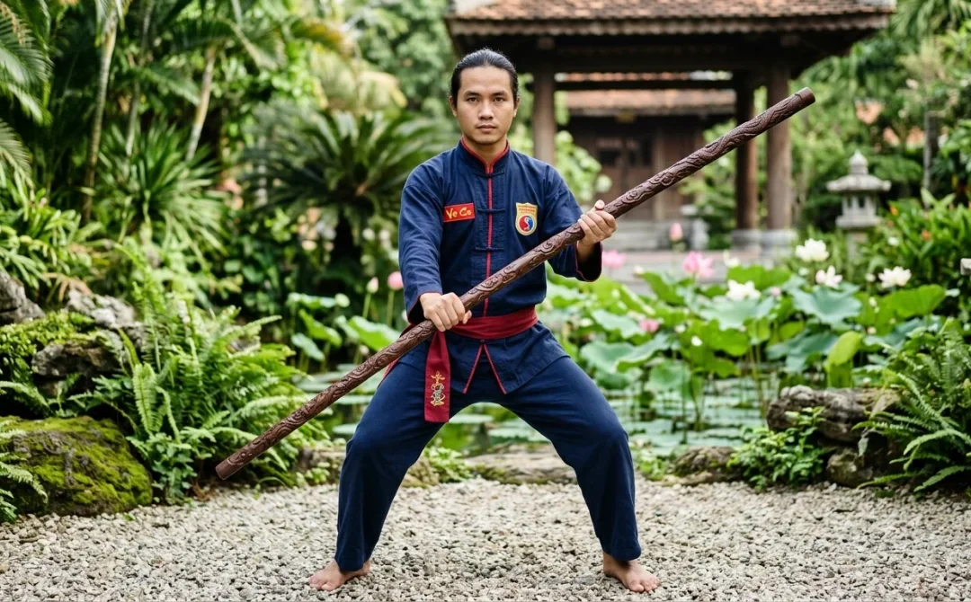 Pratiquant d'arts martiaux vietnamiens en uniforme bleu tenant un bâton en bois dans un jardin zen serein.