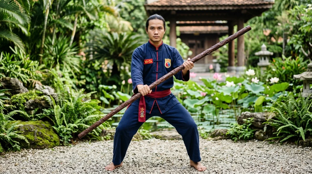 Pratiquant d'arts martiaux vietnamiens en uniforme bleu tenant un bâton en bois dans un jardin zen serein.