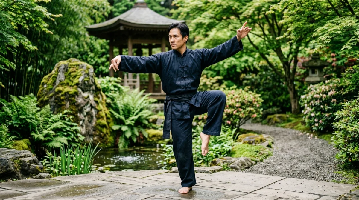 Pratiquant d'arts martiaux vietnamiens en tenue traditionnelle effectuant un mouvement fluide dans un jardin zen paisible.